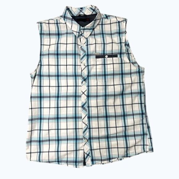 G By  Guess Mens Sleeveless Plaid Button-Up Shirt With Removable Hood XL - Picture 2 of 11